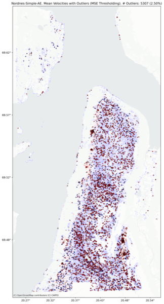 Nordnes: top 2.5% highest-error points highlighted as anomalies.